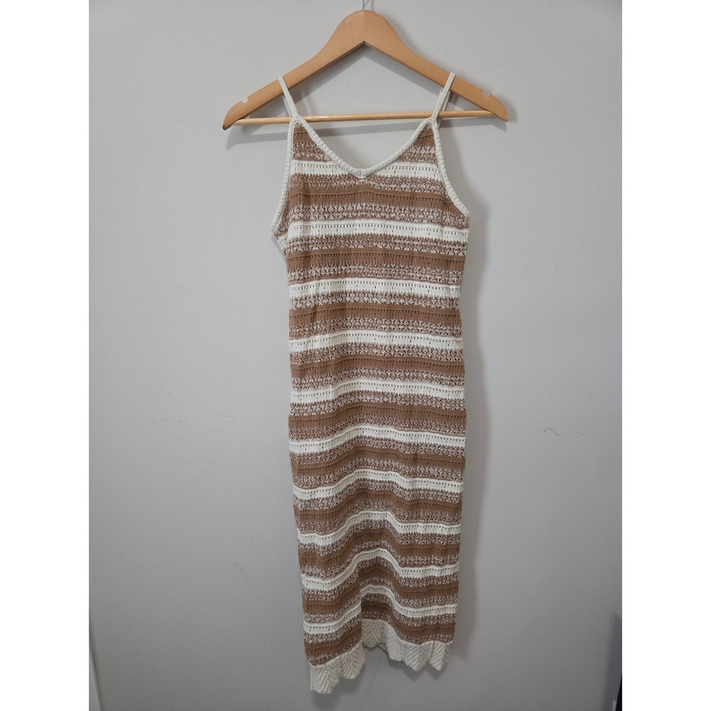 Casa Cabana Womens Striped Crochet Knit Midi Dress Tan White Scalloped Hem S